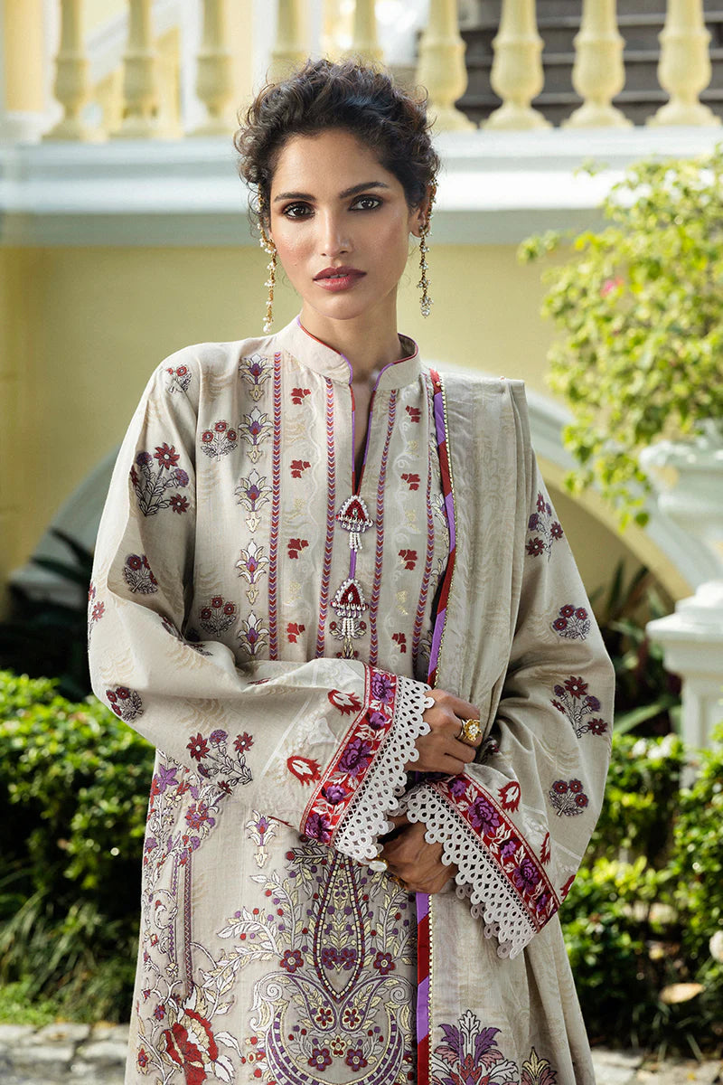 Model wearing beige and plum Levana dress from Mushq Seraph Jacquard Lawn '25, Pakistani Luxury pret, Pakistani clothes online in UK.