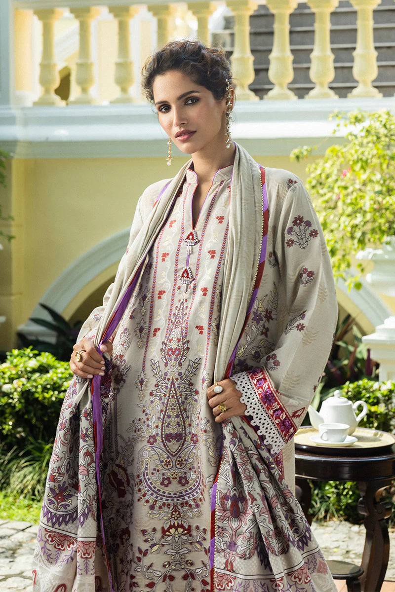 Model wearing beige and plum Levana dress from Mushq Seraph Jacquard Lawn '25, Pakistani Luxury pret, Pakistani clothes online in UK.