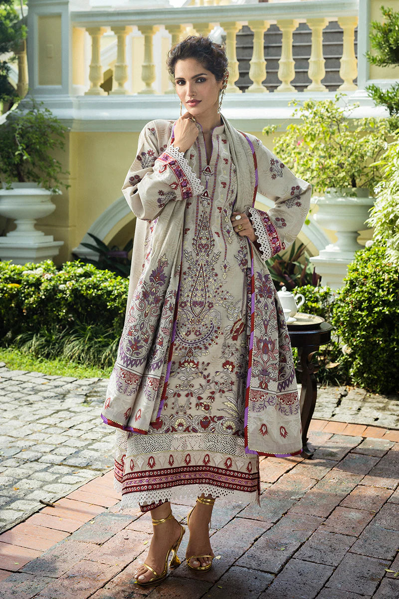 Model wearing beige and plum Levana dress from Mushq Seraph Jacquard Lawn '25, Pakistani Luxury pret, Pakistani clothes online in UK.