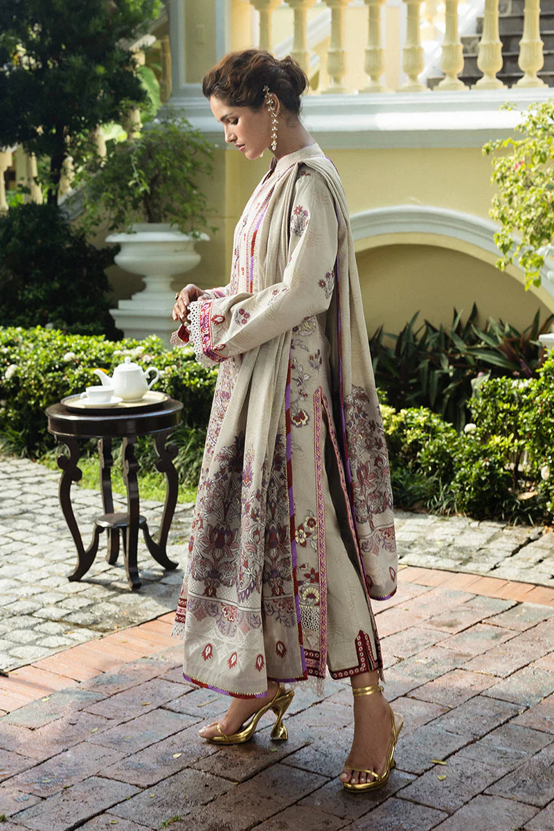 Model wearing beige and plum Levana dress from Mushq Seraph Jacquard Lawn '25, Pakistani Luxury pret, Pakistani clothes online in UK.