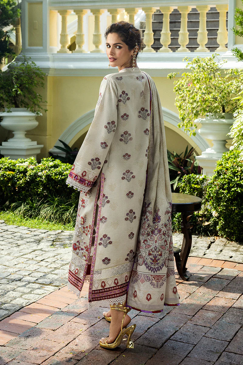 Model wearing beige and plum Levana dress from Mushq Seraph Jacquard Lawn '25, Pakistani Luxury pret, Pakistani clothes online in UK.