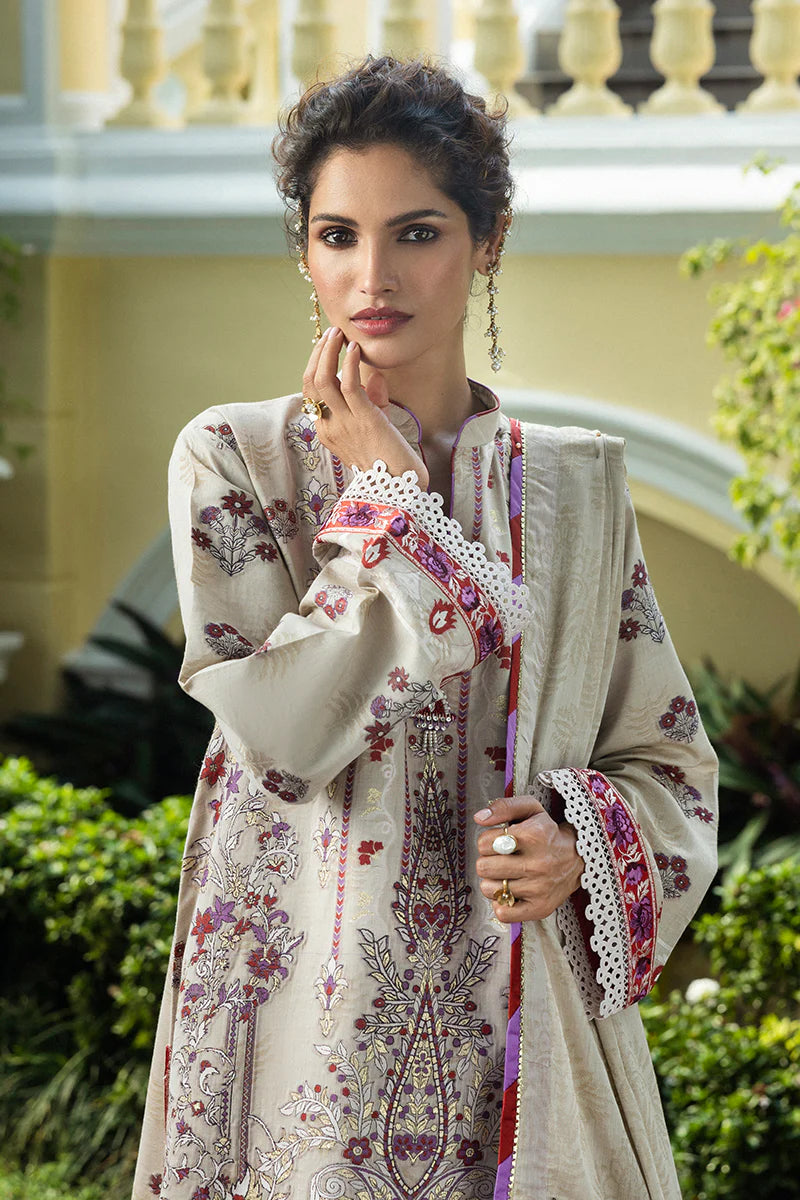 Model wearing beige and plum Levana dress from Mushq Seraph Jacquard Lawn '25, Pakistani Luxury pret, Pakistani clothes online in UK.
