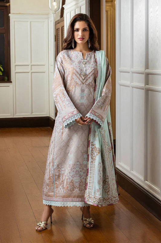 Model wearing soft pastel pink and mint Arsinoe dress from Mushq Seraph Jacquard Lawn '25, Pakistani Luxury pret, Pakistani clothes online in UK.