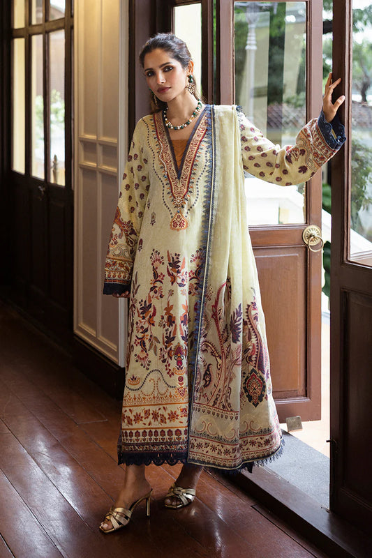 Model wearing cream and rust Letizia dress from Mushq Seraph Jacquard Lawn '25, Pakistani Luxury pret, Pakistani clothes online in UK.