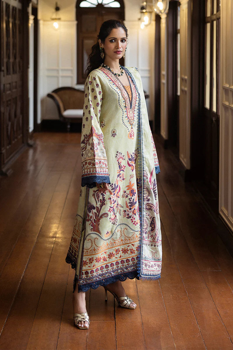 Model wearing cream and rust Letizia dress from Mushq Seraph Jacquard Lawn '25, Pakistani Luxury pret, Pakistani clothes online in UK.