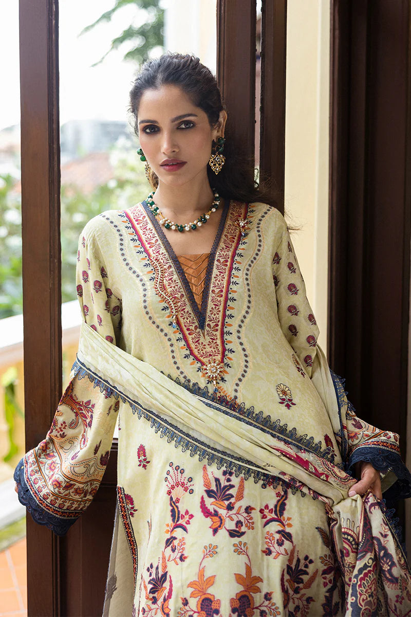Model wearing cream and rust Letizia dress from Mushq Seraph Jacquard Lawn '25, Pakistani Luxury pret, Pakistani clothes online in UK.