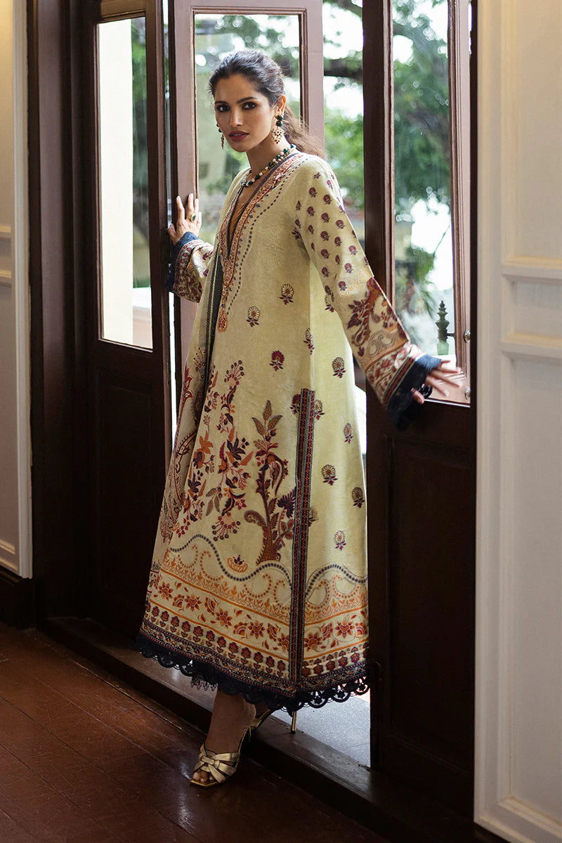 Model wearing cream and rust Letizia dress from Mushq Seraph Jacquard Lawn '25, Pakistani Luxury pret, Pakistani clothes online in UK.