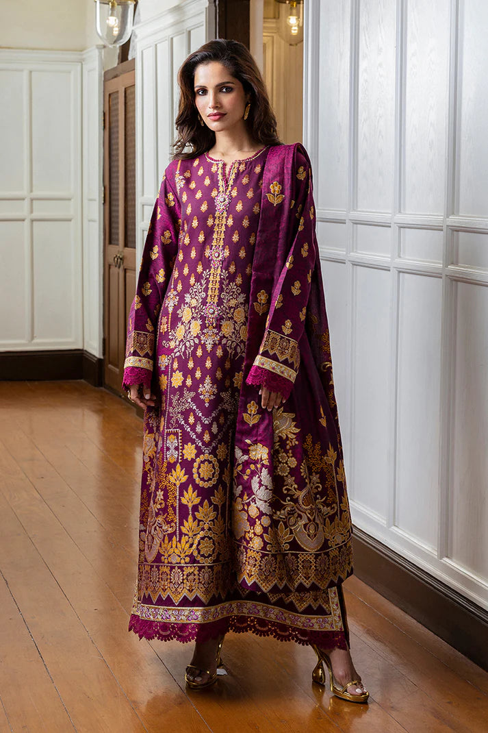 Model wearing purple and gold Eleanor dress from Mushq Seraph Jacquard Lawn '25, Pakistani Luxury pret, Pakistani clothes online in UK.