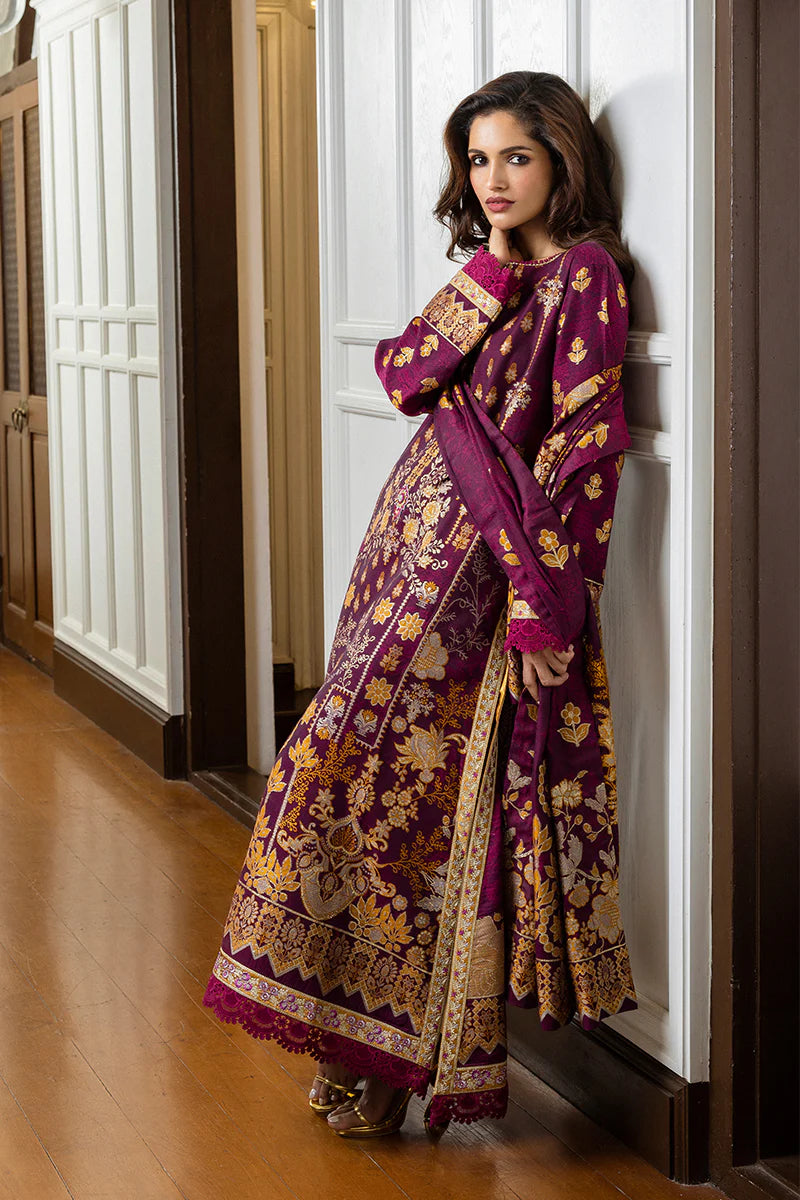 Model wearing purple and gold Eleanor dress from Mushq Seraph Jacquard Lawn '25, Pakistani Luxury pret, Pakistani clothes online in UK.