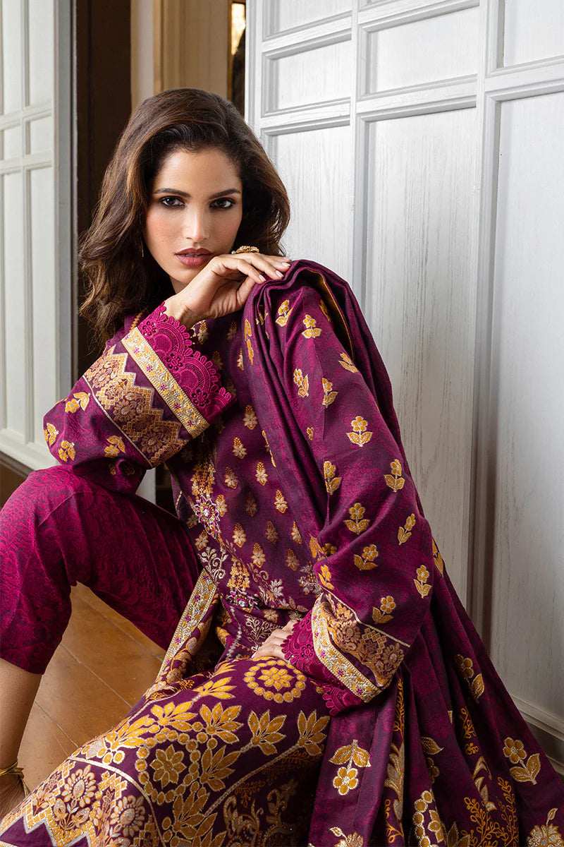 Model wearing purple and gold Eleanor dress from Mushq Seraph Jacquard Lawn '25, Pakistani Luxury pret, Pakistani clothes online in UK.