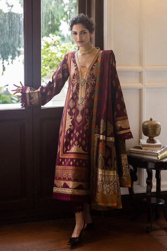 Model wearing deep maroon Morphea dress from Mushq Seraph Jacquard Lawn '25, Pakistani Luxury pret, Pakistani clothes online in UK.