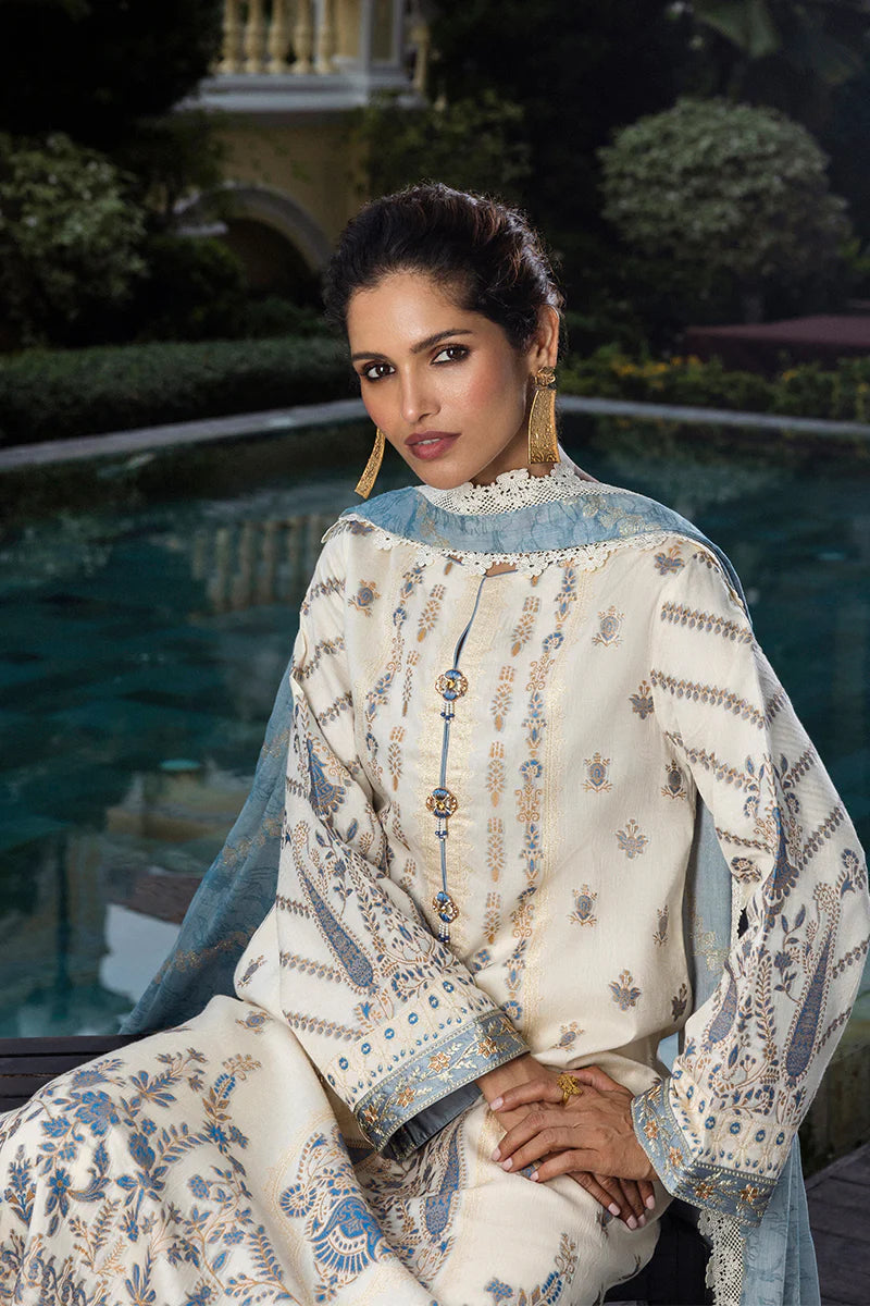 Model wearing ivory and powder blue Calafia dress from Mushq Seraph Jacquard Lawn '25, Pakistani Luxury pret, Pakistani clothes online in UK.