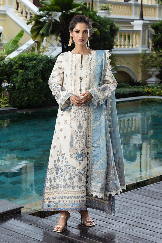 Model wearing ivory and powder blue Calafia dress from Mushq Seraph Jacquard Lawn '25, Pakistani Luxury pret, Pakistani clothes online in UK.