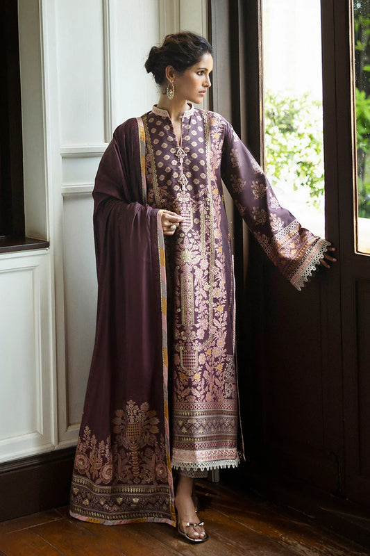 Model wearing deep plum and gold Narissa dress from Mushq Seraph Jacquard Lawn '25, Pakistani Luxury pret, Pakistani clothes online in UK.
