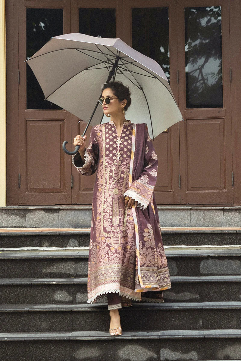 Model wearing deep plum and gold Narissa dress from Mushq Seraph Jacquard Lawn '25, Pakistani Luxury pret, Pakistani clothes online in UK.