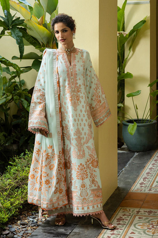 Model wearing mint and peach Amalthea dress from Mushq Seraph Jacquard Lawn '25, Pakistani Luxury pret, Pakistani clothes online in UK.