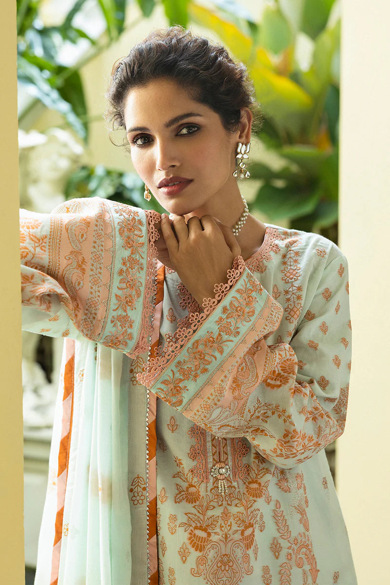 Model wearing mint and peach Amalthea dress from Mushq Seraph Jacquard Lawn '25, Pakistani Luxury pret, Pakistani clothes online in UK.