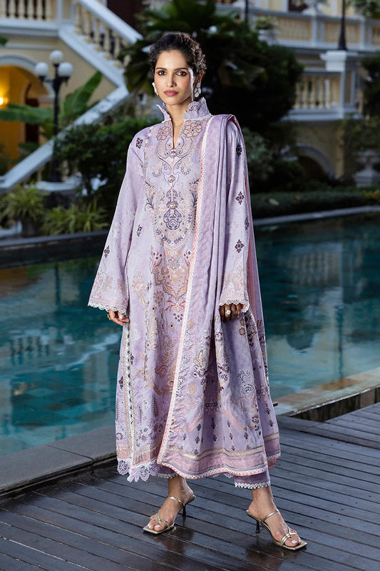 Model wearing lavender Theidara dress from Mushq Seraph Jacquard Lawn '25, Pakistani Luxury pret, Pakistani clothes online in UK.