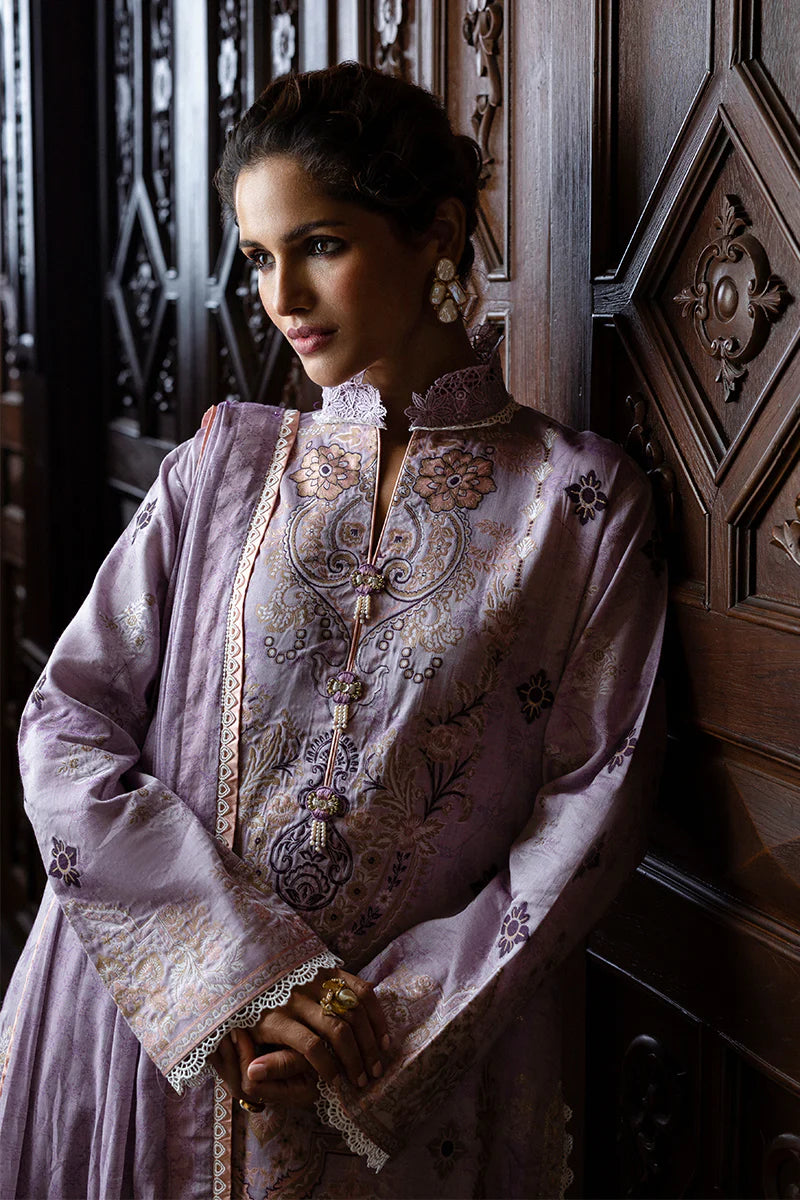 Model wearing lavender Theidara dress from Mushq Seraph Jacquard Lawn '25, Pakistani Luxury pret, Pakistani clothes online in UK.