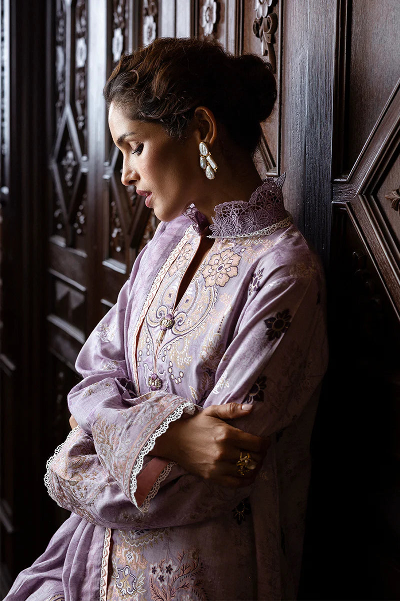 Model wearing lavender Theidara dress from Mushq Seraph Jacquard Lawn '25, Pakistani Luxury pret, Pakistani clothes online in UK.