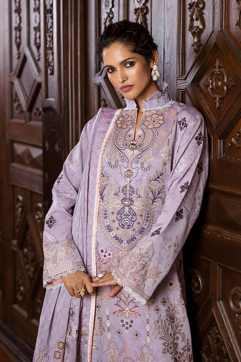 Model wearing lavender Theidara dress from Mushq Seraph Jacquard Lawn '25, Pakistani Luxury pret, Pakistani clothes online in UK.