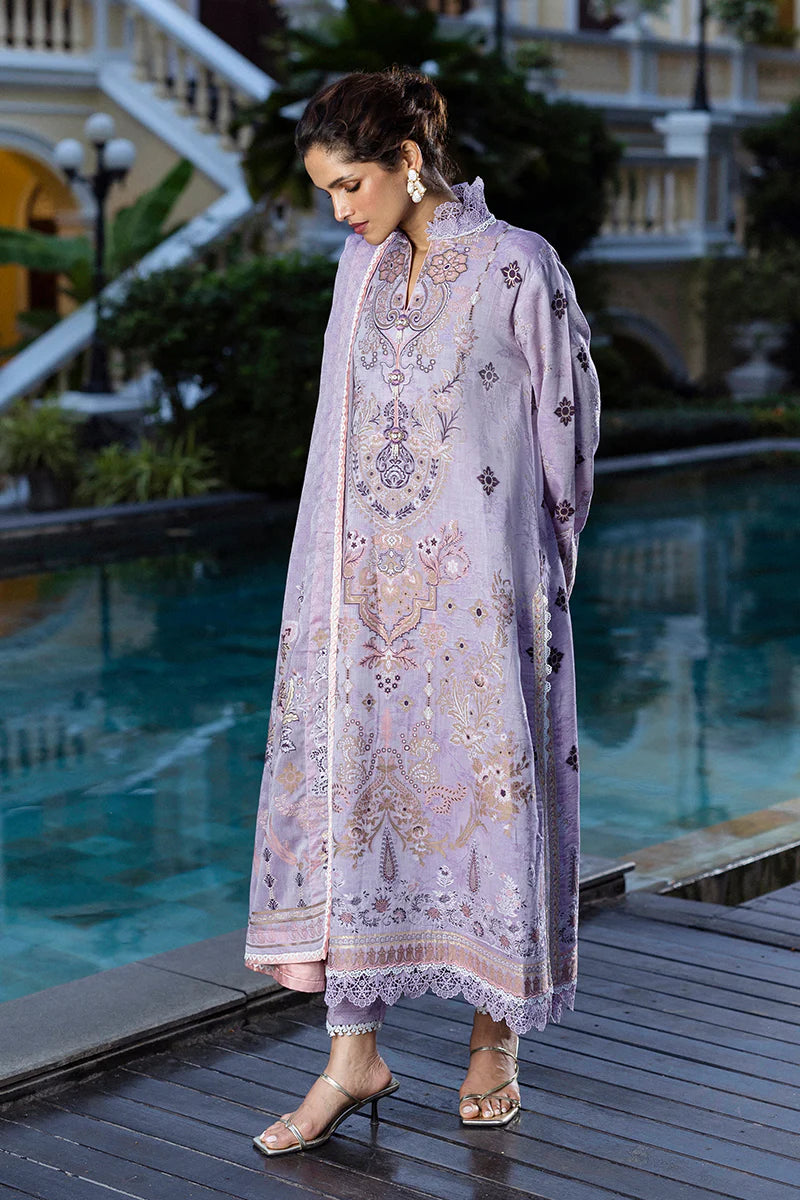 Model wearing lavender Theidara dress from Mushq Seraph Jacquard Lawn '25, Pakistani Luxury pret, Pakistani clothes online in UK.