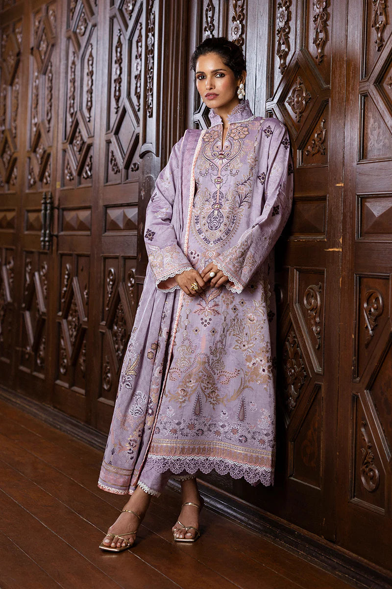 Model wearing lavender Theidara dress from Mushq Seraph Jacquard Lawn '25, Pakistani Luxury pret, Pakistani clothes online in UK.