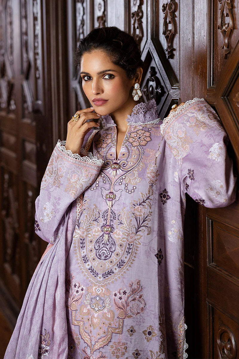 Model wearing lavender Theidara dress from Mushq Seraph Jacquard Lawn '25, Pakistani Luxury pret, Pakistani clothes online in UK.