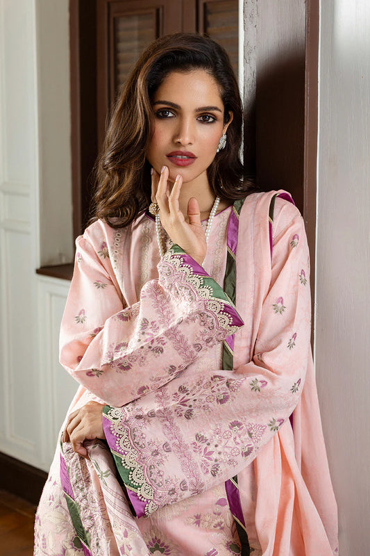 Model wearing blush pink Lillian dress from Mushq Seraph Jacquard Lawn '25, Pakistani Luxury pret, Pakistani clothes online in UK.