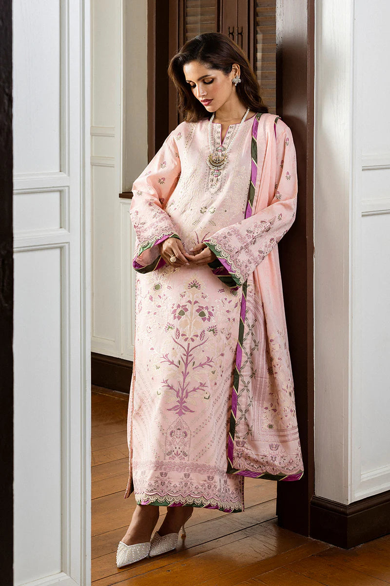 Model wearing blush pink Lillian dress from Mushq Seraph Jacquard Lawn '25, Pakistani Luxury pret, Pakistani clothes online in UK.