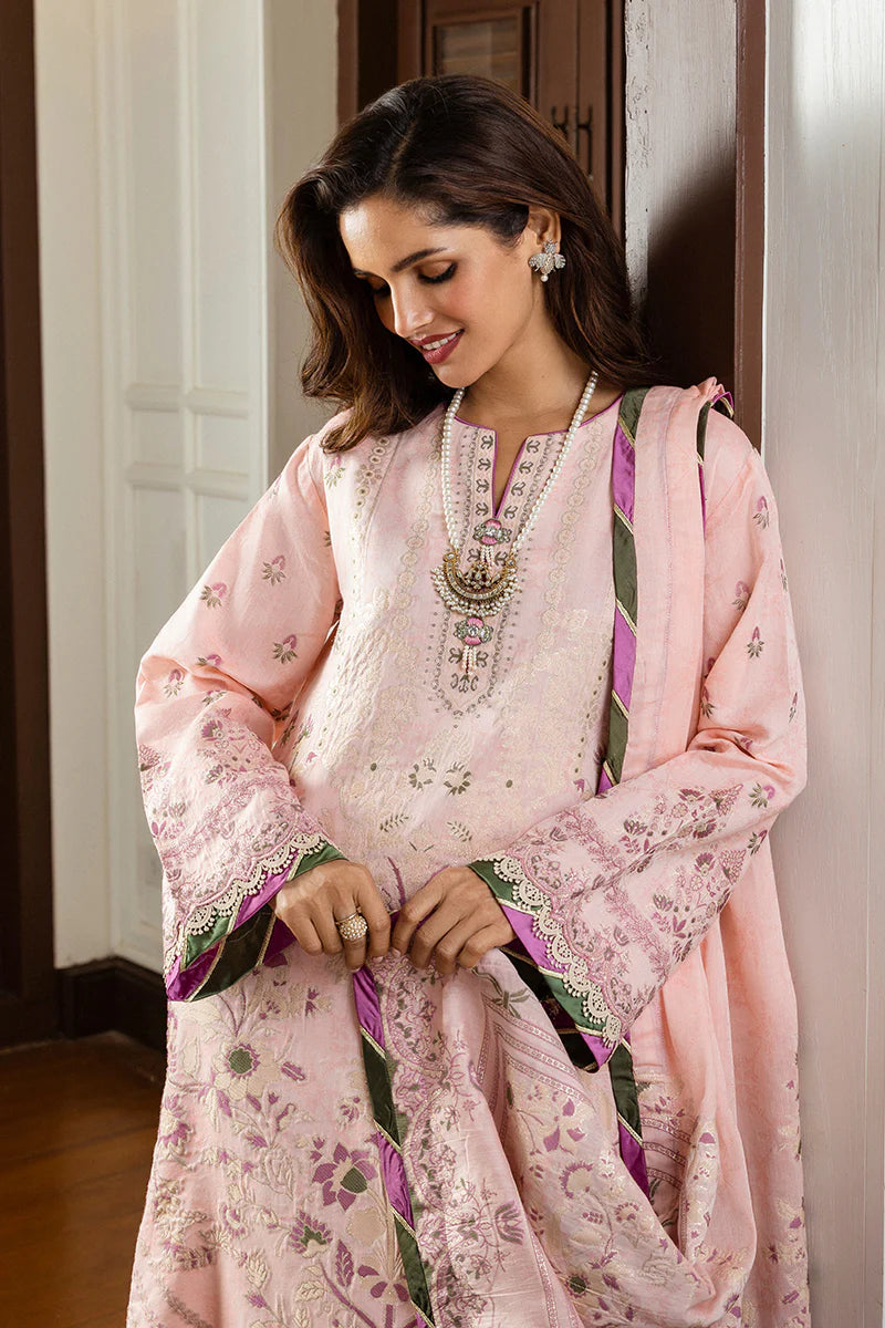Model wearing blush pink Lillian dress from Mushq Seraph Jacquard Lawn '25, Pakistani Luxury pret, Pakistani clothes online in UK.