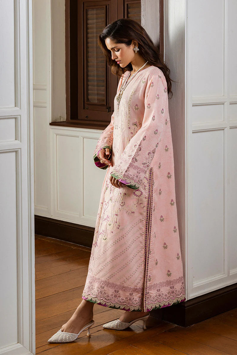 Model wearing blush pink Lillian dress from Mushq Seraph Jacquard Lawn '25, Pakistani Luxury pret, Pakistani clothes online in UK.