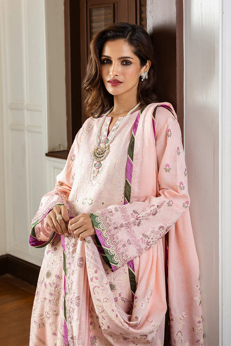 Model wearing blush pink Lillian dress from Mushq Seraph Jacquard Lawn '25, Pakistani Luxury pret, Pakistani clothes online in UK.