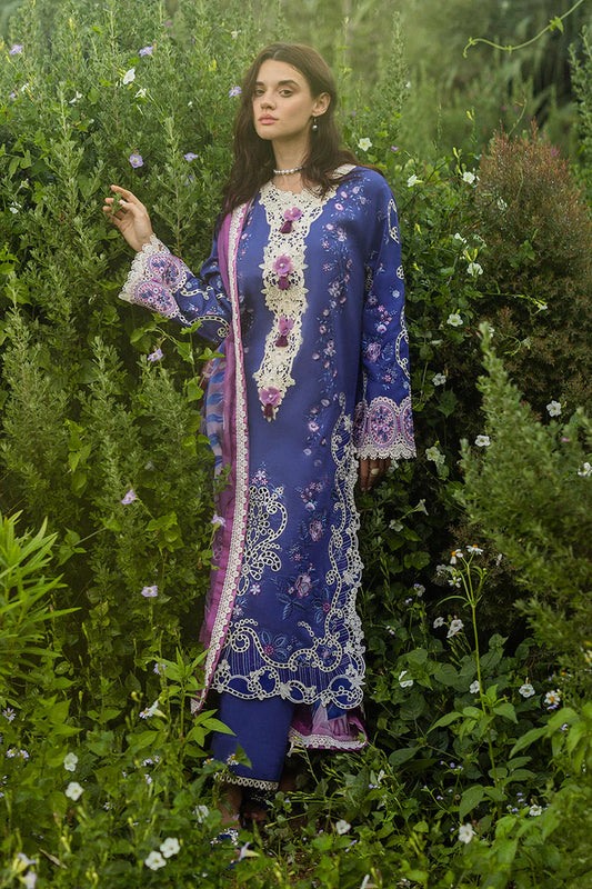Model wearing deep blue Dreamisy Daisy dress from Mushq Secret Garden Spring/Summer '25, Pakistani Luxury pret, Pakistani clothes online in UK.
