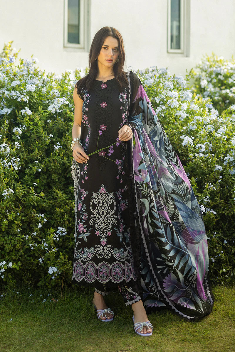 Model wearing black Thorned Grace dress from Mushq Secret Garden Spring/Summer '25, Pakistani Luxury pret, Pakistani clothes online in UK.