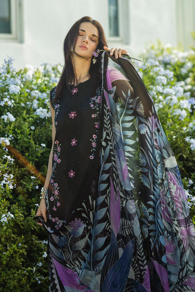Model wearing black Thorned Grace dress from Mushq Secret Garden Spring/Summer '25, Pakistani Luxury pret, Pakistani clothes online in UK.