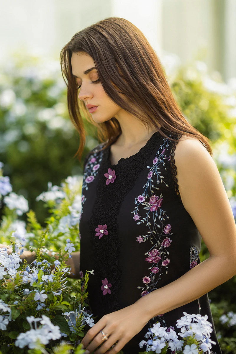Model wearing black Thorned Grace dress from Mushq Secret Garden Spring/Summer '25, Pakistani Luxury pret, Pakistani clothes online in UK.