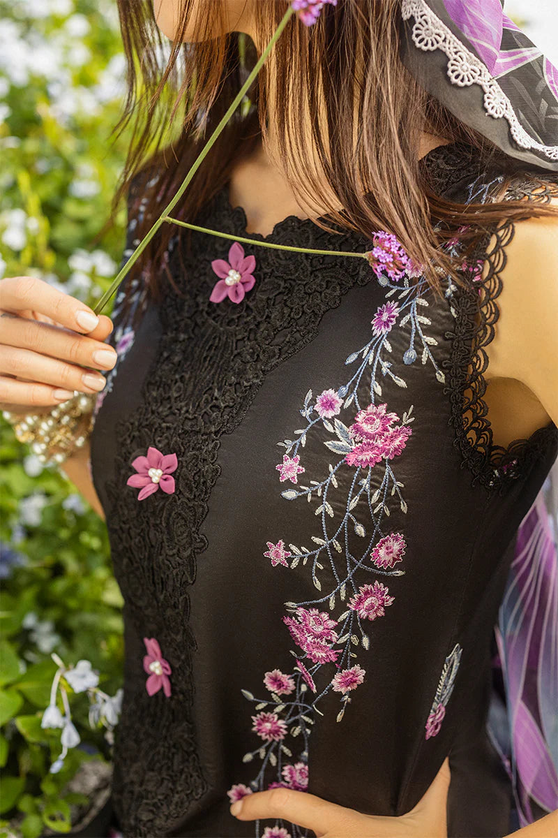 Model wearing black Thorned Grace dress from Mushq Secret Garden Spring/Summer '25, Pakistani Luxury pret, Pakistani clothes online in UK.