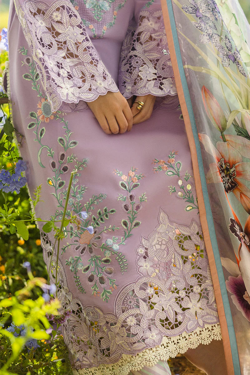 Model wearing lavender Pixies Blossom dress from Mushq Secret Garden Spring/Summer '25, Pakistani Luxury pret, Pakistani clothes online in UK.