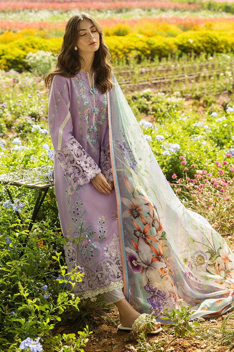 Model wearing lavender Pixies Blossom dress from Mushq Secret Garden Spring/Summer '25, Pakistani Luxury pret, Pakistani clothes online in UK.