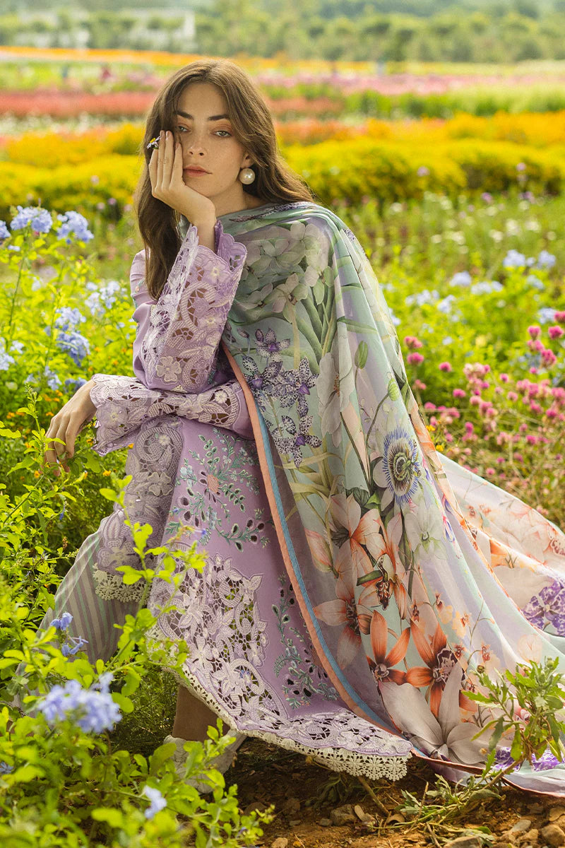 Model wearing lavender Pixies Blossom dress from Mushq Secret Garden Spring/Summer '25, Pakistani Luxury pret, Pakistani clothes online in UK.