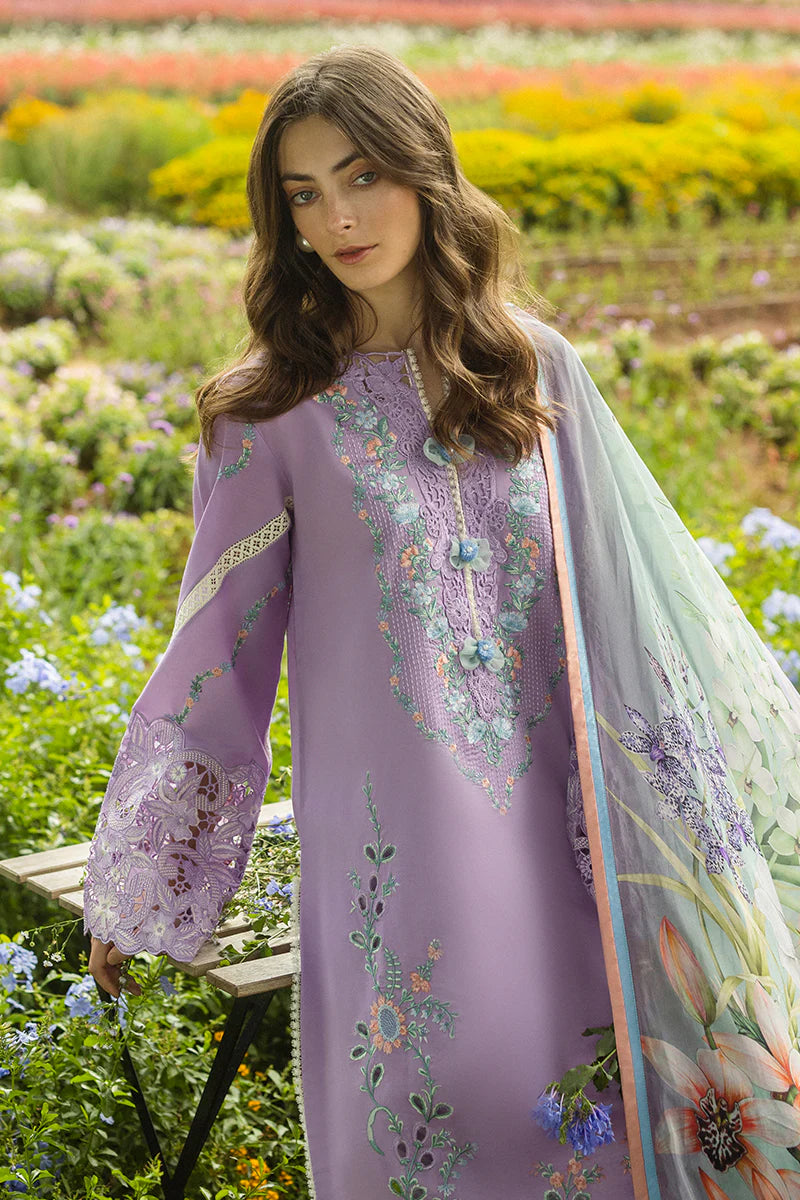Model wearing lavender Pixies Blossom dress from Mushq Secret Garden Spring/Summer '25, Pakistani Luxury pret, Pakistani clothes online in UK.