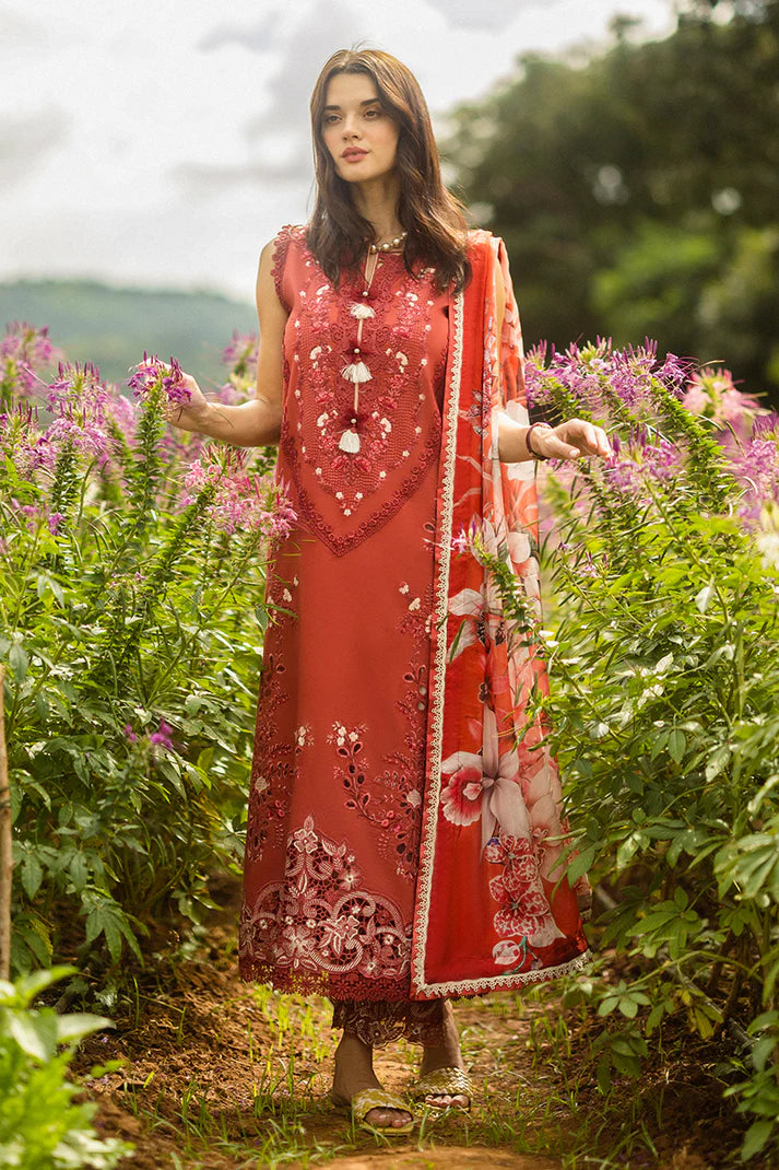 Model wearing red Dewdrop Garden dress from Mushq Secret Garden Spring/Summer '25, Pakistani Luxury pret, Pakistani clothes online in UK.