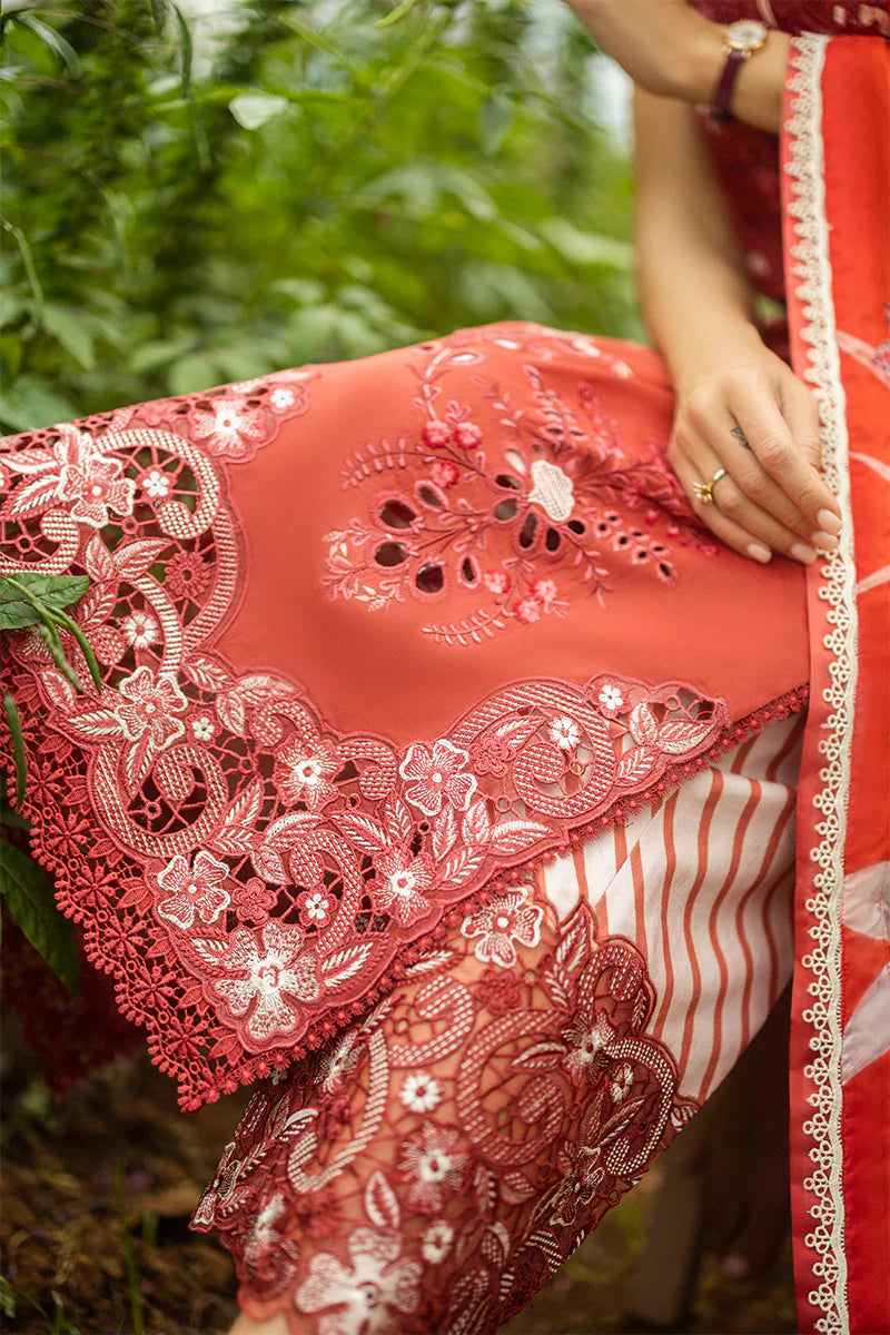 Model wearing red Dewdrop Garden dress from Mushq Secret Garden Spring/Summer '25, Pakistani Luxury pret, Pakistani clothes online in UK.