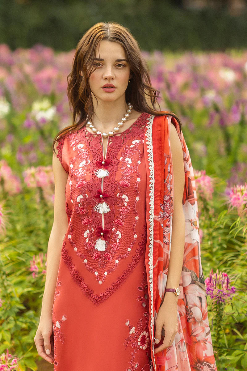 Model wearing red Dewdrop Garden dress from Mushq Secret Garden Spring/Summer '25, Pakistani Luxury pret, Pakistani clothes online in UK.