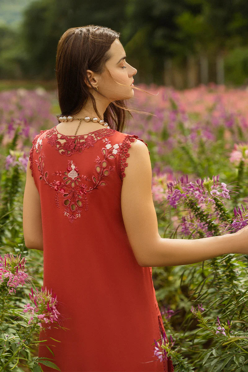 Model wearing red Dewdrop Garden dress from Mushq Secret Garden Spring/Summer '25, Pakistani Luxury pret, Pakistani clothes online in UK.