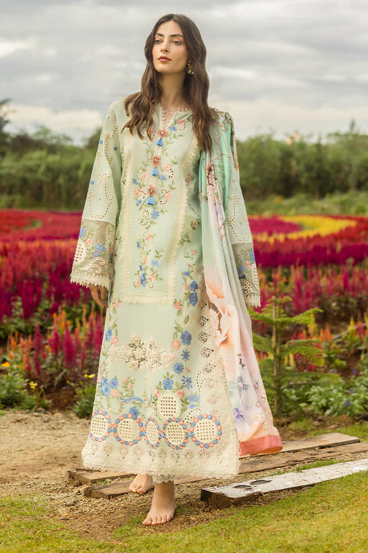 Model wearing mint green Starlit Lillies dress from Mushq Secret Garden Spring/Summer '25, Pakistani Luxury pret, Pakistani clothes online in UK.