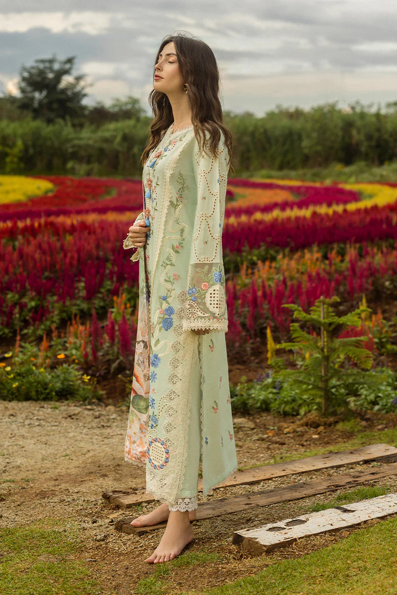 Model wearing mint green Starlit Lillies dress from Mushq Secret Garden Spring/Summer '25, Pakistani Luxury pret, Pakistani clothes online in UK.