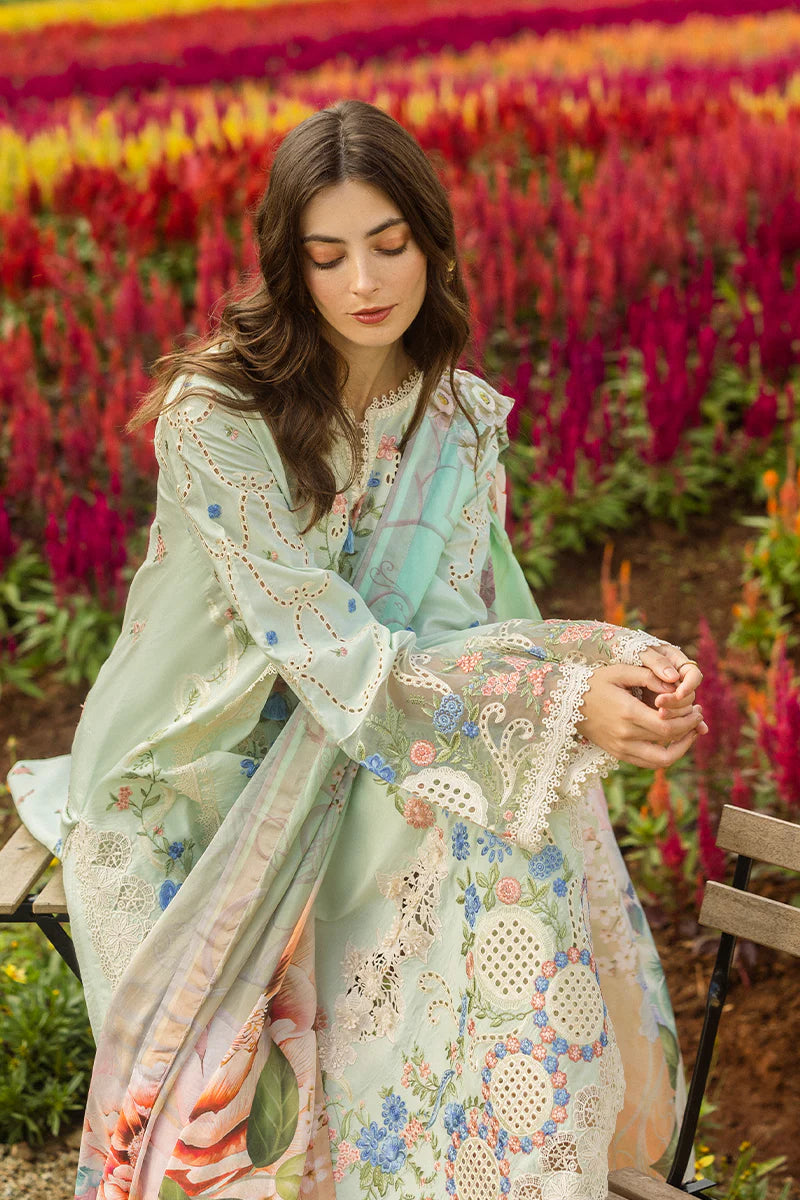 Model wearing mint green Starlit Lillies dress from Mushq Secret Garden Spring/Summer '25, Pakistani Luxury pret, Pakistani clothes online in UK.