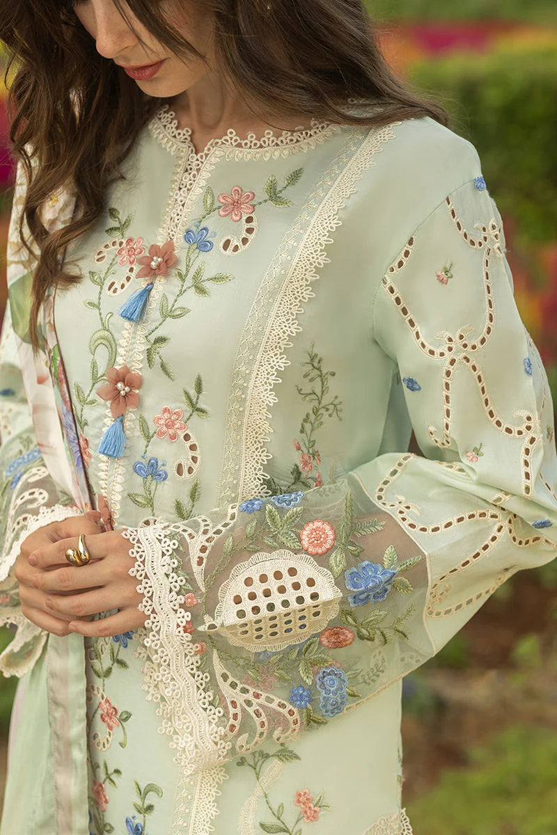 Model wearing mint green Starlit Lillies dress from Mushq Secret Garden Spring/Summer '25, Pakistani Luxury pret, Pakistani clothes online in UK.